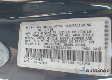 1998 Toyota Corolla Ce из США, поврежденный, VIN 1NXBR12E3WZ134706